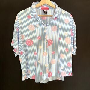 Joe Boxer Sleepwear women's XL rayon short sleeved button down blue smiley face